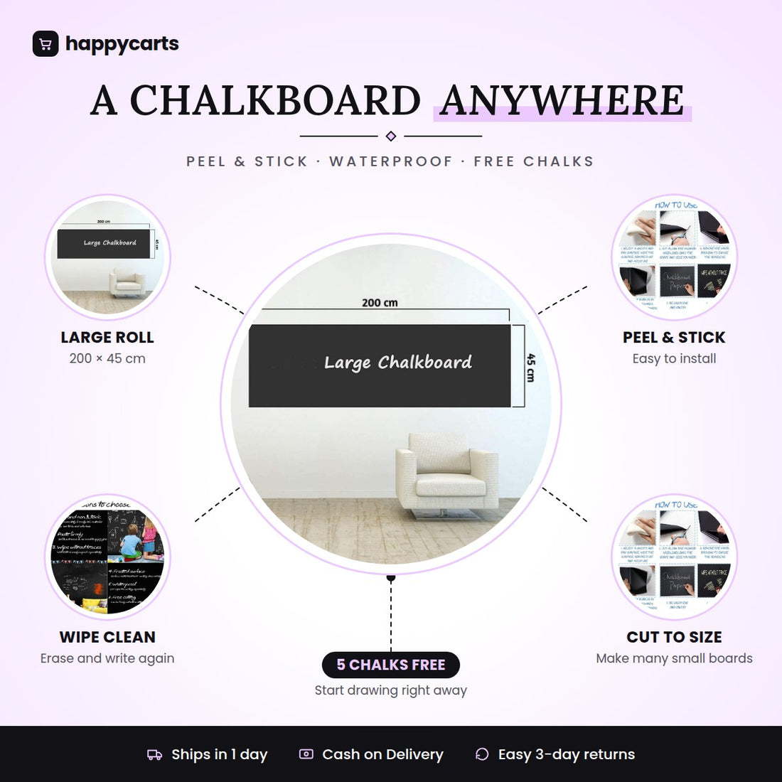 Self - Adhesive School-Board Wall Sticker Roll | Waterproof | FREE Chalks