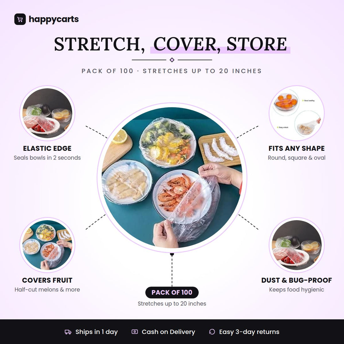 Plastic Bags - Reusable Elastic Food Storage Plastic Covers (Pack of 100)