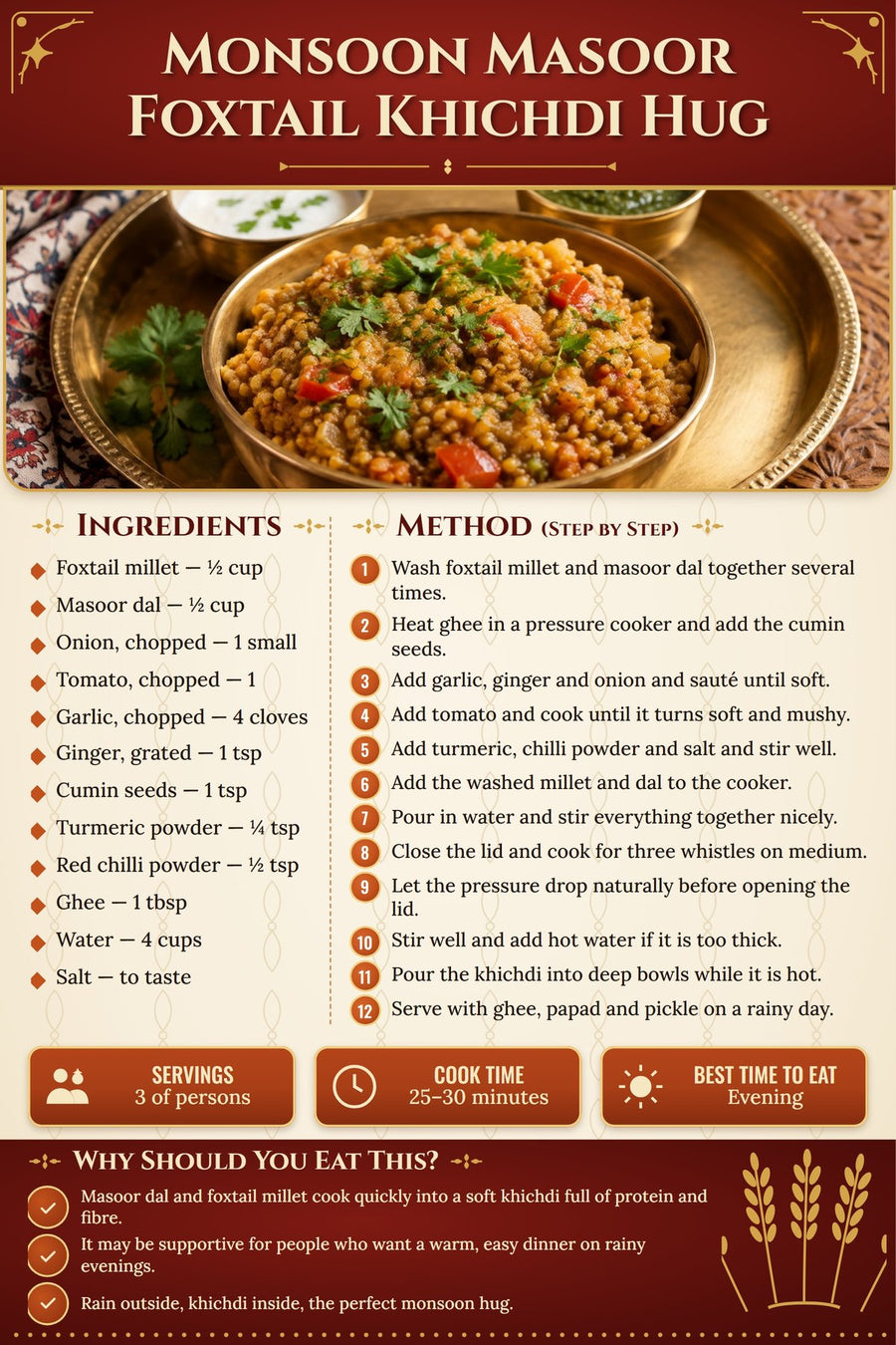A recipe page: Monsoon Masoor Foxtail Khichdi Hug, with photo, ingredients, method and why to eat it
