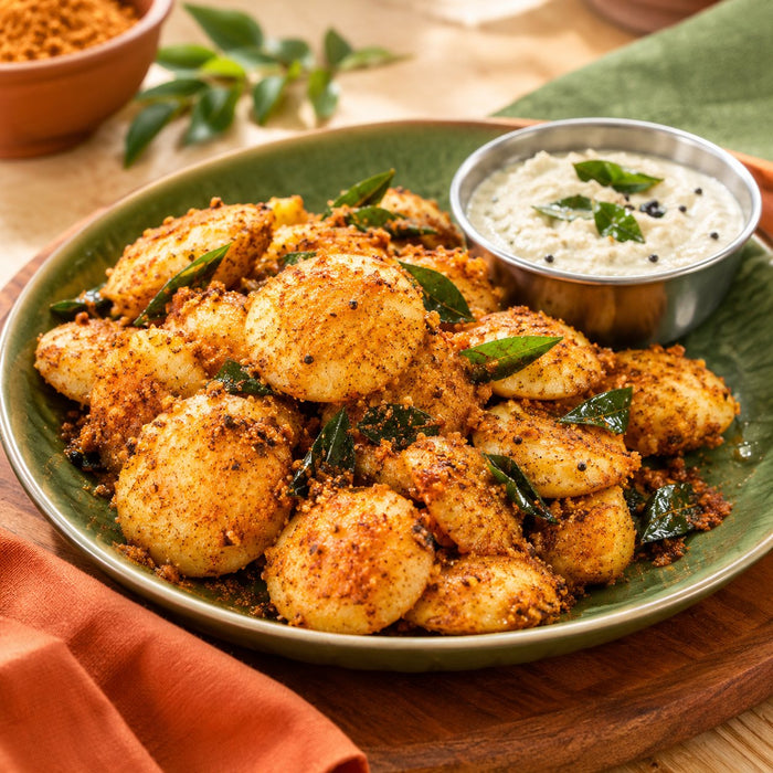 Crispy mini idlis with gunpowder butter
