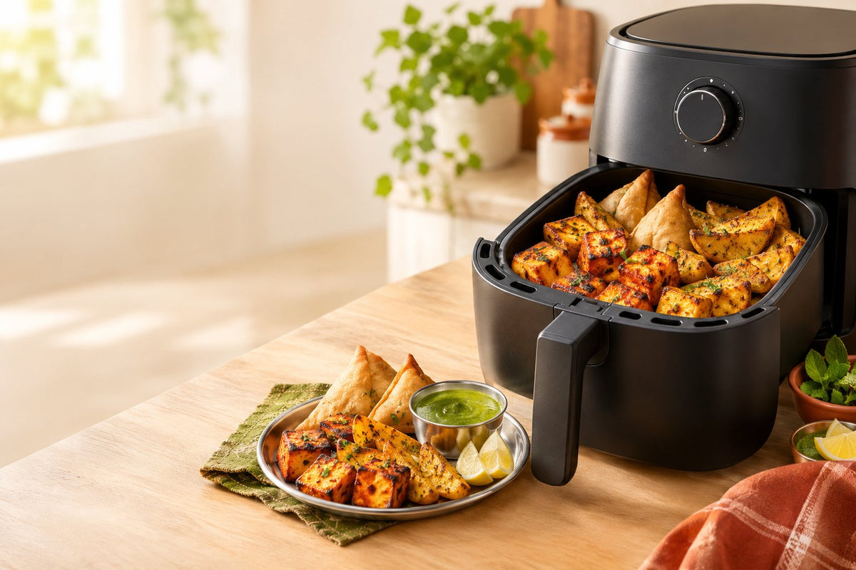 Air fryer basket full of crispy paneer tikka, samosas and aloo