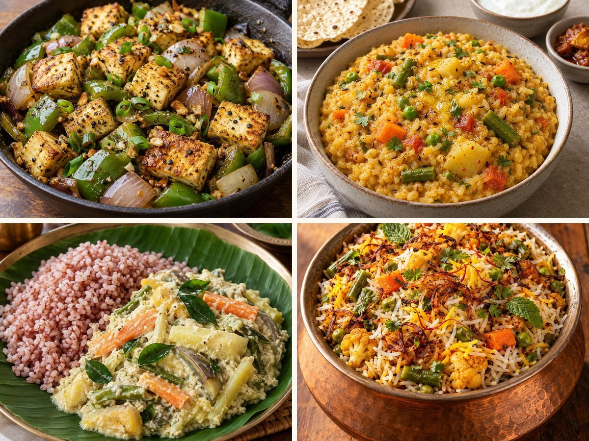 Pepper paneer skillet, monsoon masala khichdi, Kerala avial and veg dum biryani
