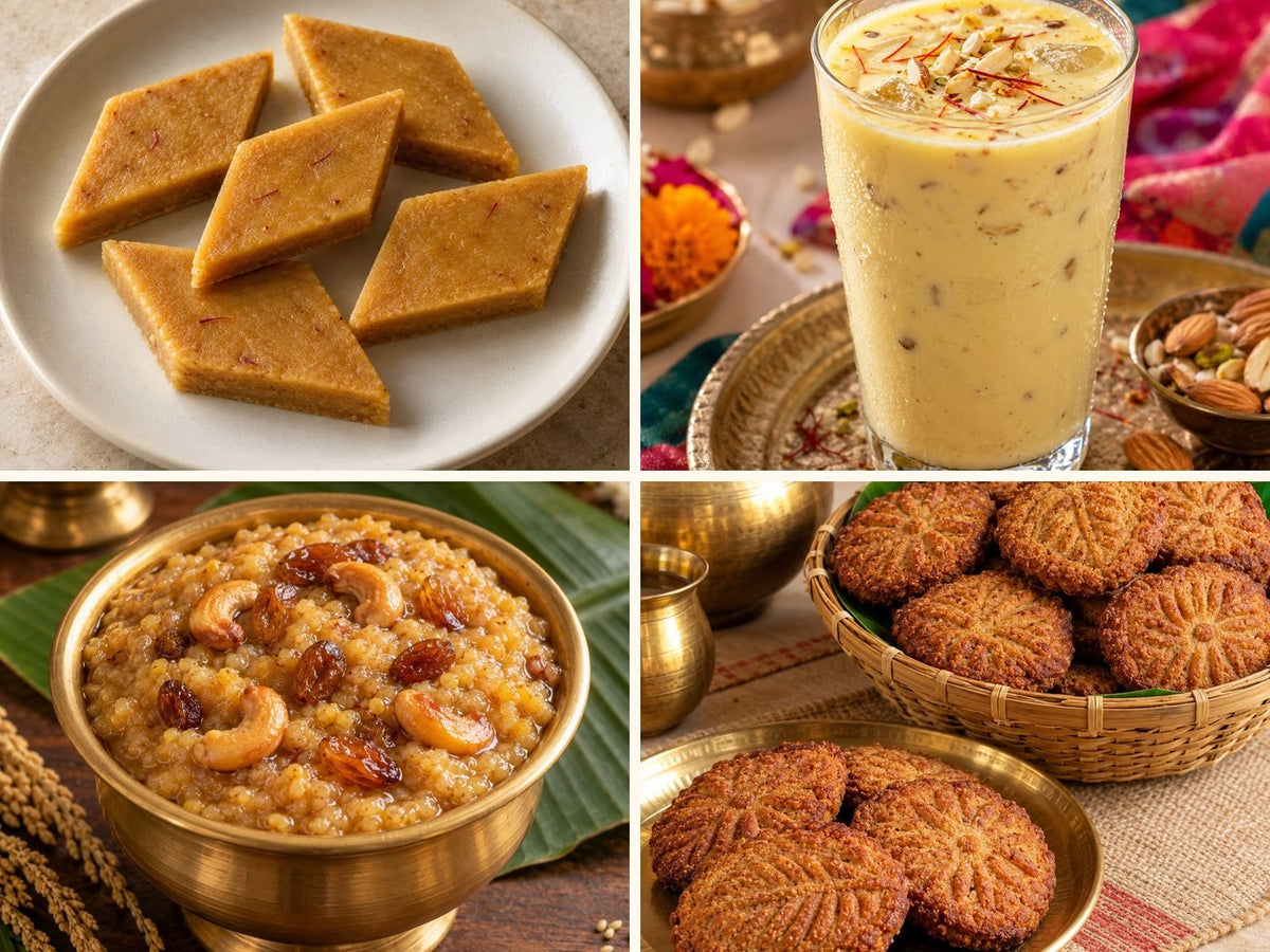 Gud kaju katli, kesar badam thandai, foxtail sakkarai pongal and baked thekua