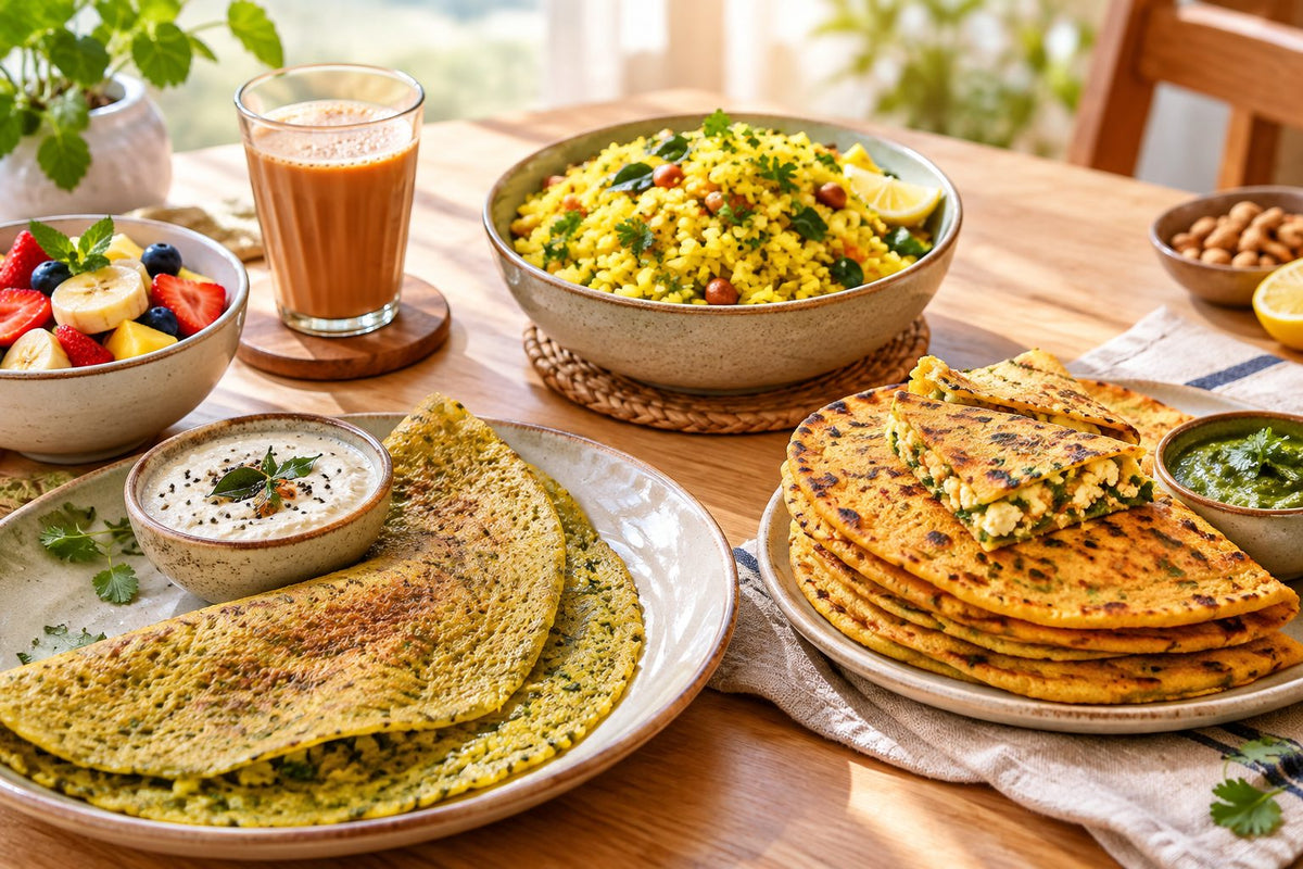 A bright Indian breakfast spread on a sunlit wooden table