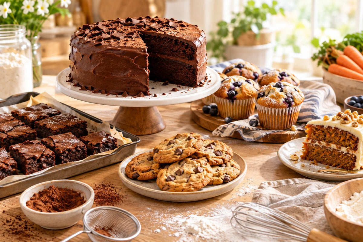 A home baking table with a sliced chocolate cake on a stand, a tray of brownies, chocolate chip cookies, blueberry muffi