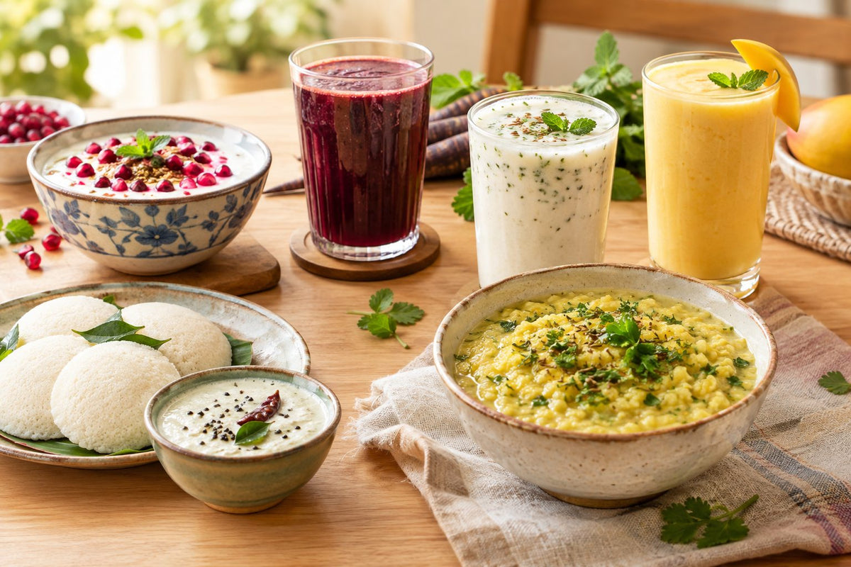 A calm Indian table of gut-friendly foods