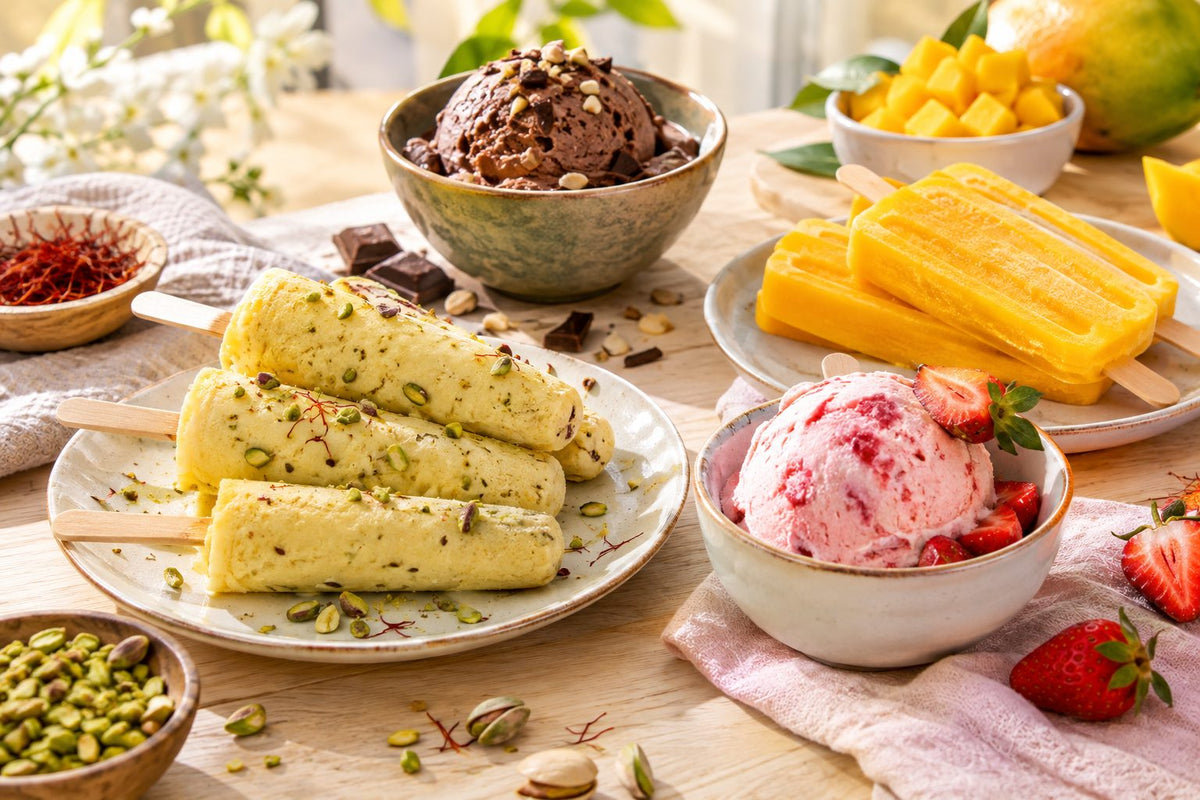Colourful homemade frozen desserts on a pastel table