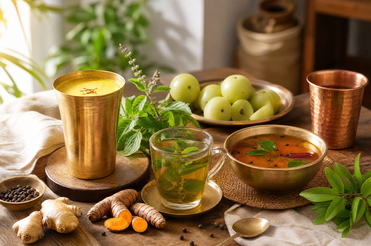 A warm traditional Indian kitchen scene