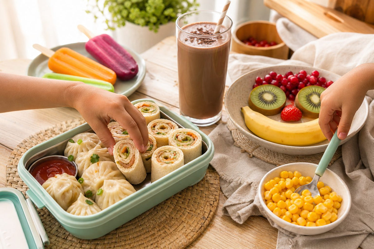 A cheerful family kitchen table with colourful kid-friendly Indian food