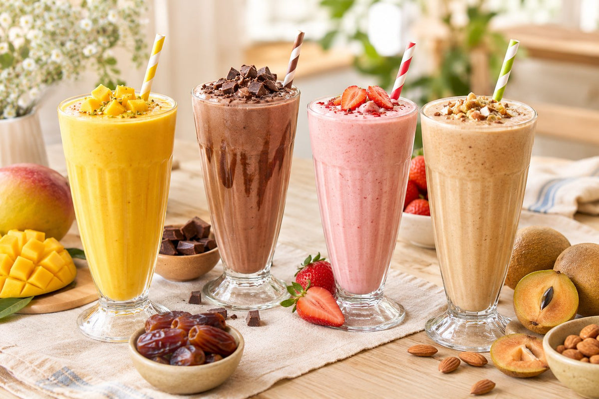 Thick homemade milkshakes in tall glasses on a pastel table