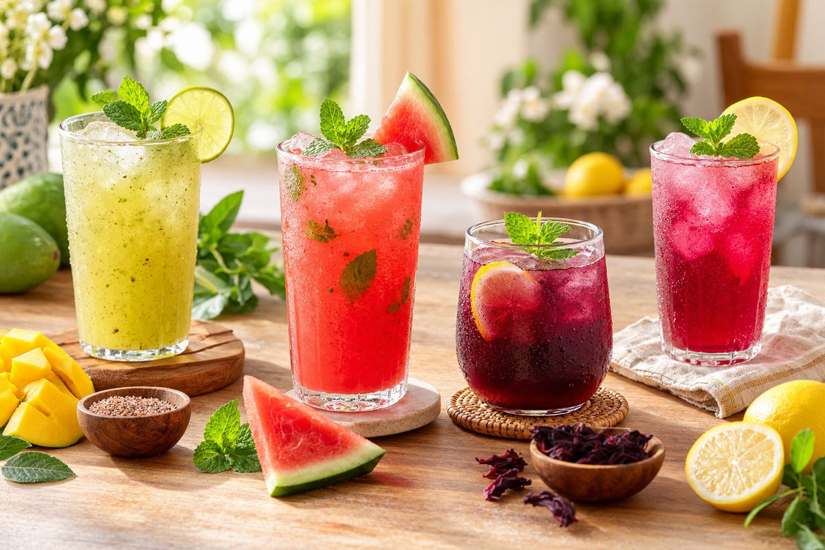 Colourful Indian mocktails on a sunny table