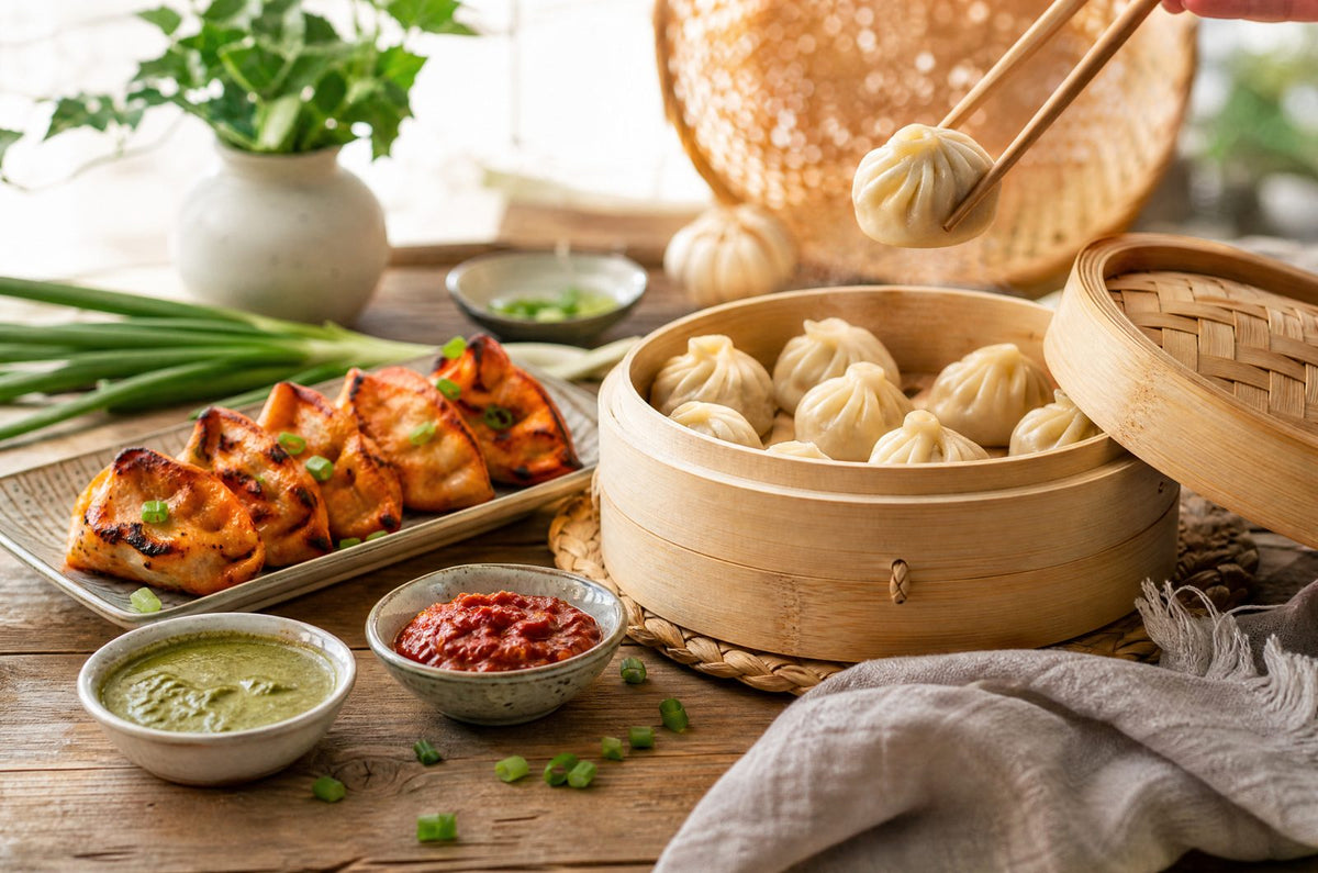 A bamboo steamer full of steamed momos on a rustic table with a plate of tandoori momos, red chilli-garlic chutney and g