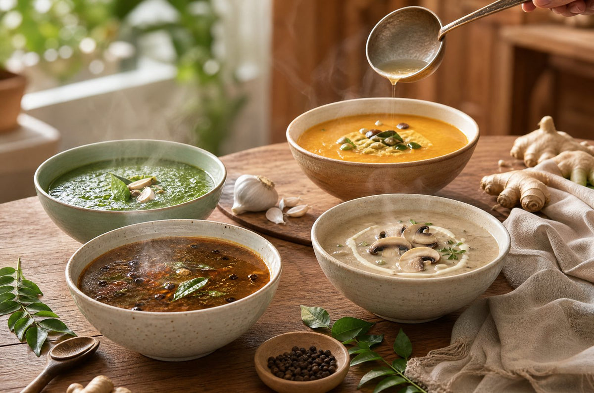 Steaming bowls of Indian soups on a rustic table