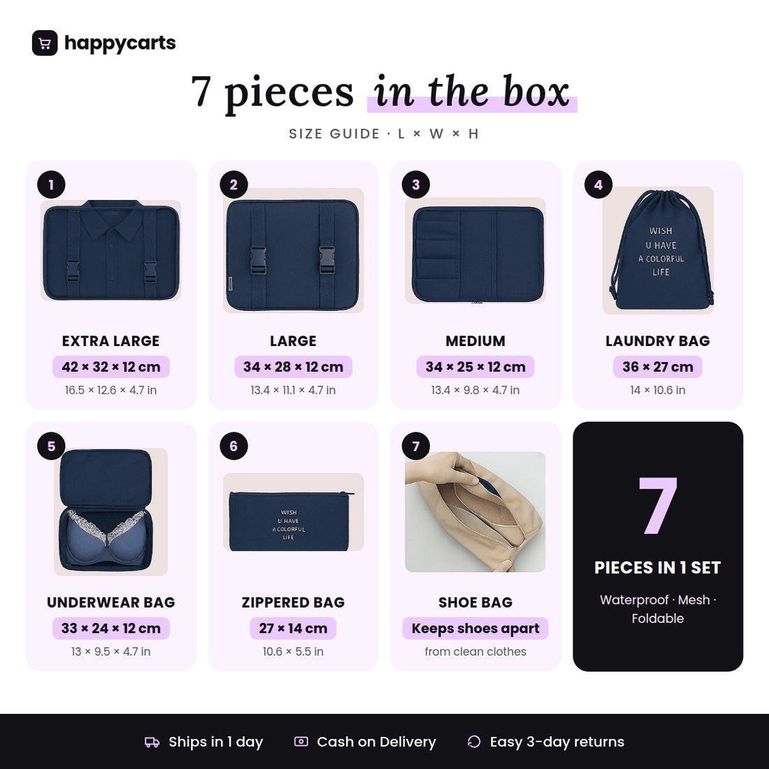 7 PCS Travel Luggage Packing cube | For All Kinds Of Clothes & Accessories (Multi-Color)